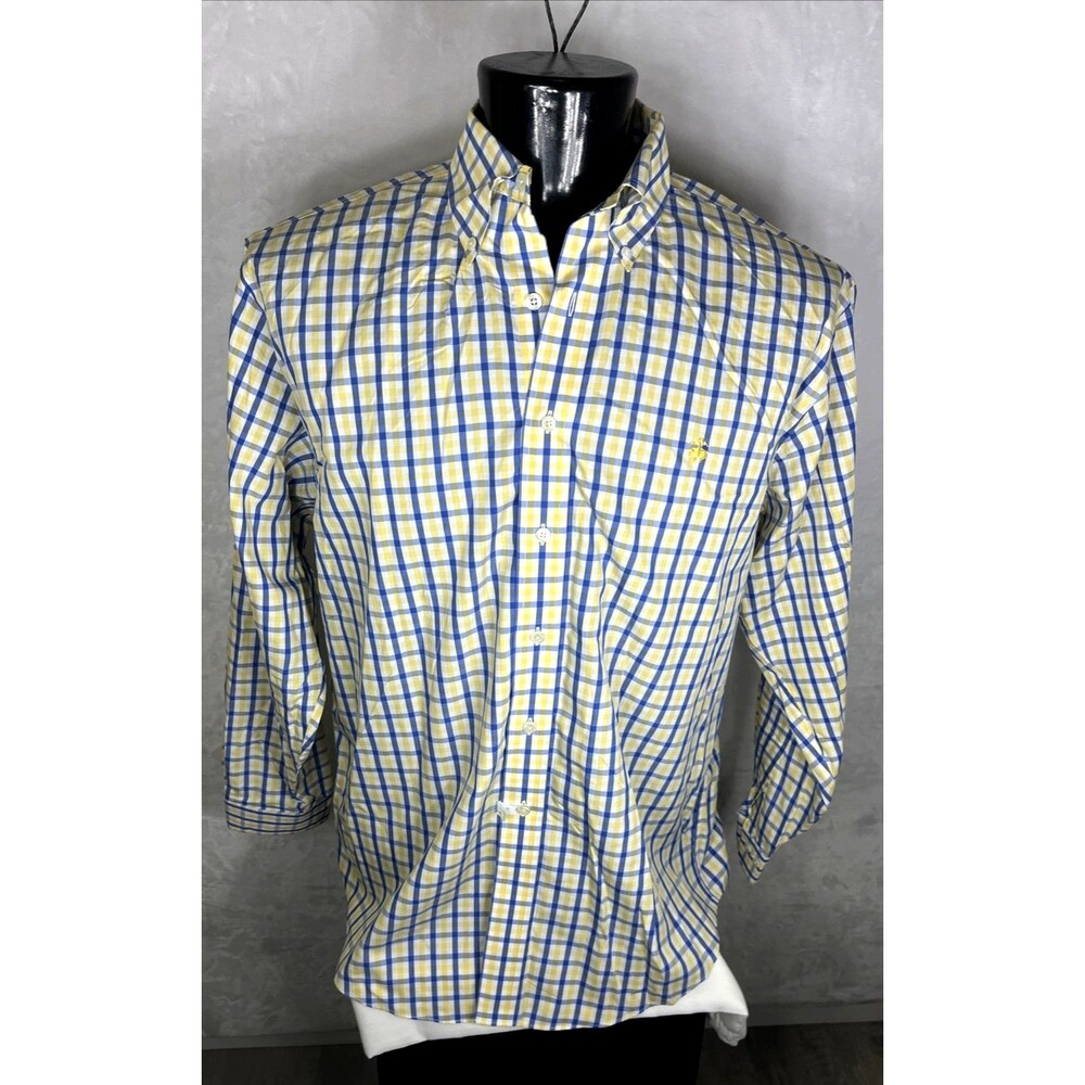 Brooks Brothers 346 Men's Button Down Shirt Yellow Blue White Plaid Size Large